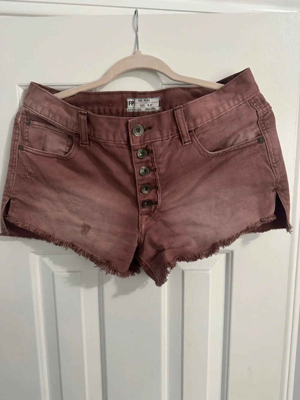 Free People Washed Rose Button-Front Denim Cutoff Shorts - Picture 1 of 3
